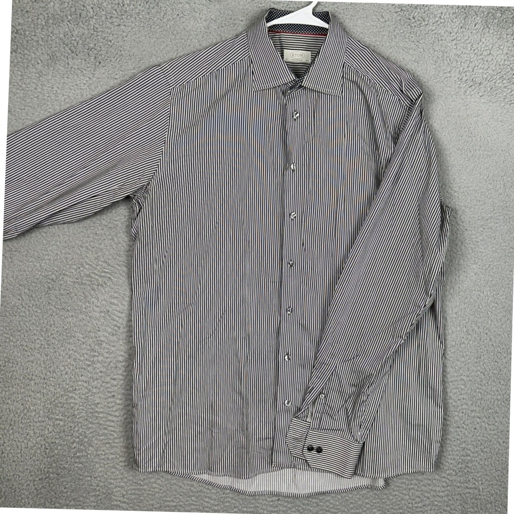 Eton Shirt Mens 17.5-44 Contemporary Navy White Striped Dress Button Up Office
